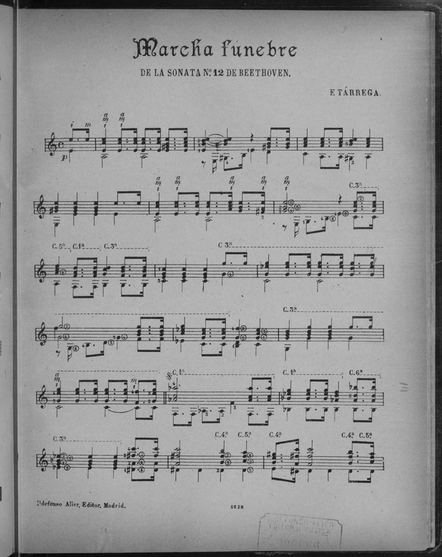 Marcha funebre de la Sonata no. 12 / de Beethoven ; [arreglado para guitarra] F. Tárrega.
