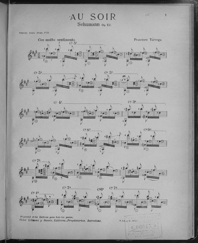 Au soir : op. 12 / Schumann ; [arreglado por] Francisco Tárrega
