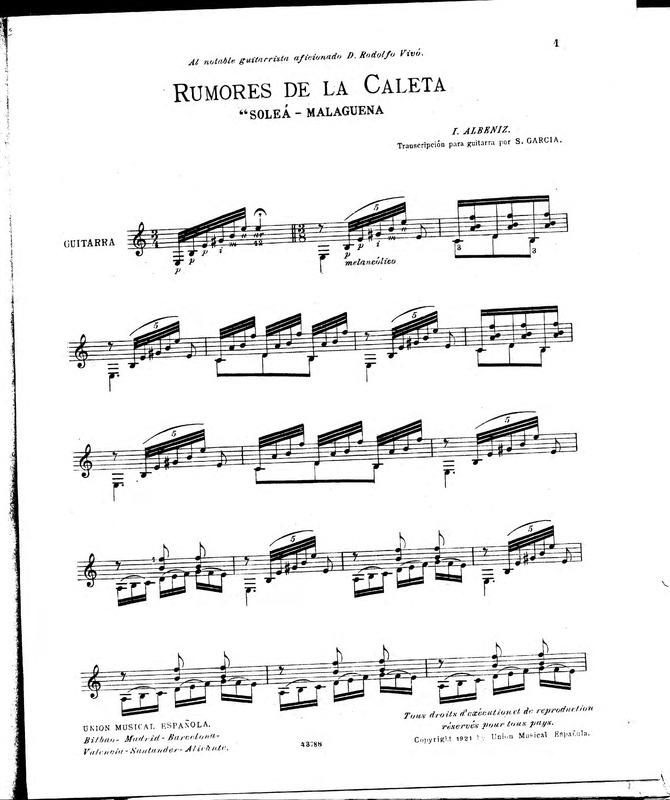 Rumores de la Caleta : "soleá - malagueña / I. Albéniz ; transcripción para guitarra por S. García.
