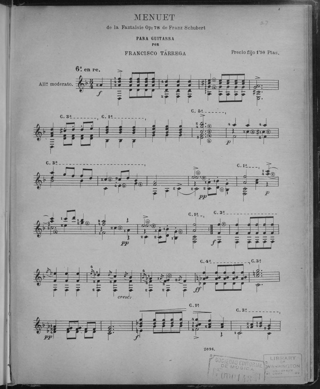 Menuet / de la Fantasie, op: 78 de Franz Schubert ; [arreglado] para guitarra por Francisco Tárrega