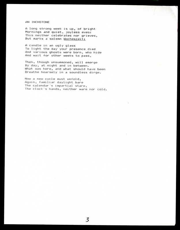 8 Verso) Copy of John Hollander's poem "An Inchstone."