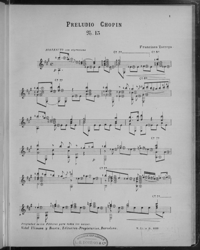 Preludio no. 15 / Chopin ; [arreglado por] Francisco Tárrega