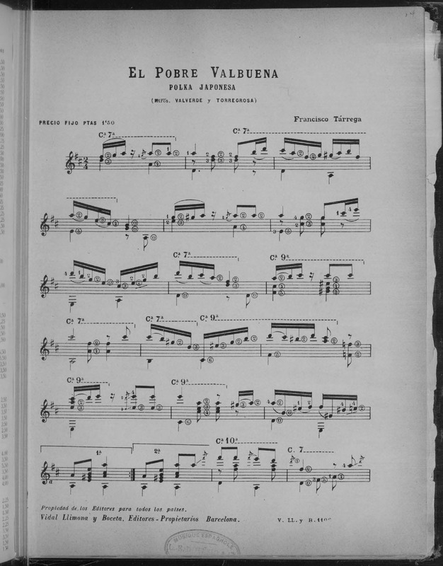 El Pobre Valbuena : polka japonesa / (mtros. Valverde y Torregrosa) ; [arreglada por] Francisco Tárrega