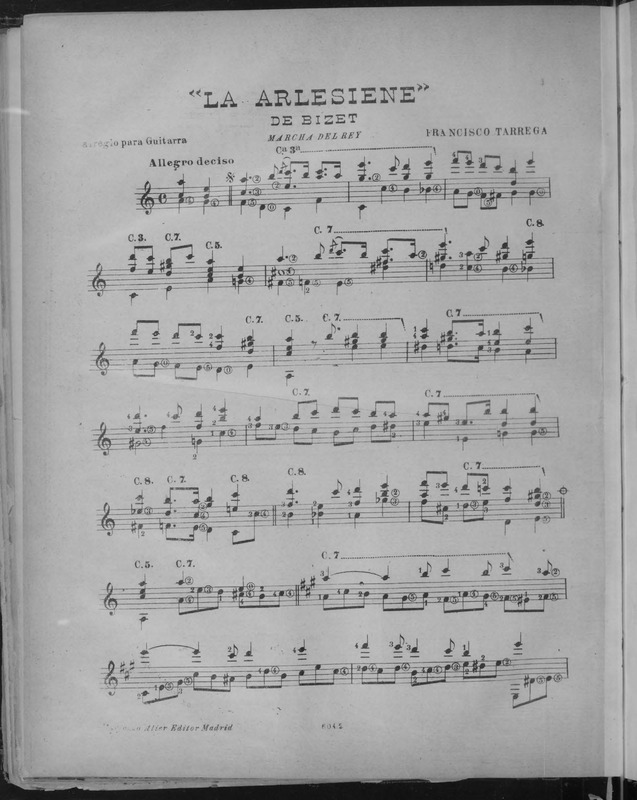 "La Arlesiene" : marcha del rey / de Bizet ; arreglo para guitarra [por] Francisco Tárrega