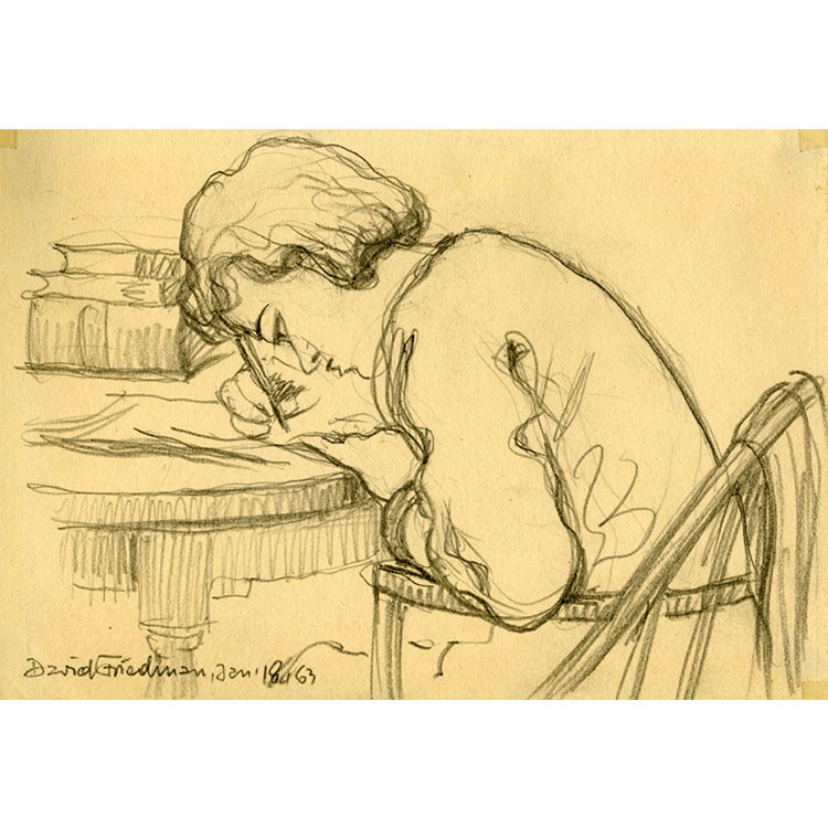Woman Leaning Over Table Writing