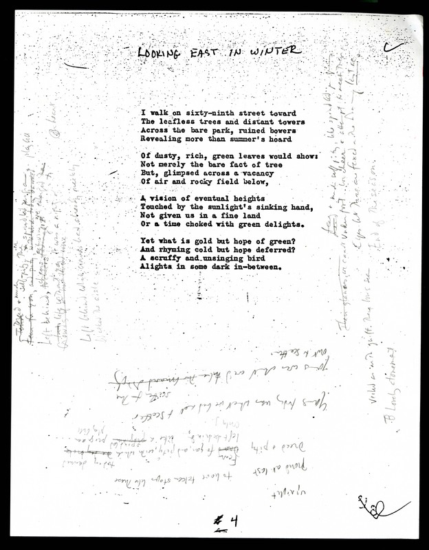 7) Verso. "<em>Dread &amp; self-pity</em>." Revisions in pencil on copy of John Hollander's poem "Looking East in Winter."