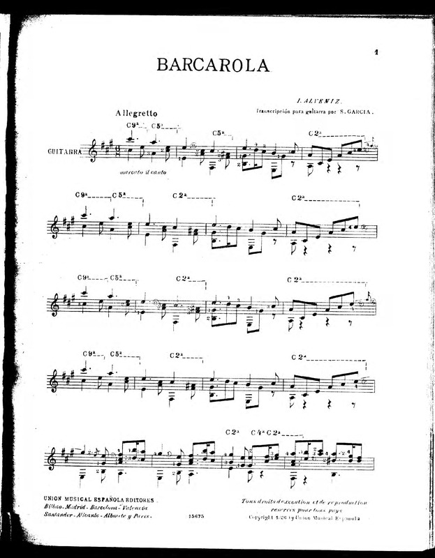 Barcarola / I. Alvéniz ; transcripción para guitarra por S. Garcia