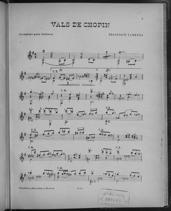 Vals / de Chopin ; arreglado para guitarra, Francisco Tárrega.
