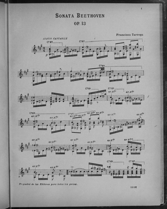 Sonata op. 13. Adagio cantabile / Beethoven ; [arreglado para guitarra] Francisco Tárrega