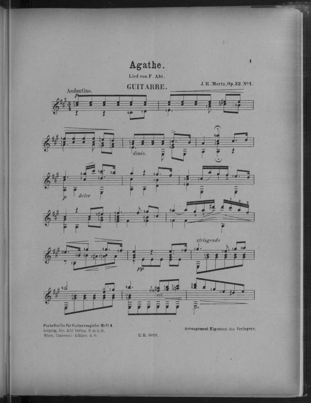 Agathe : Guitarre : op. 22. no. 1 / Lied von F. Abt ; [bearbeitet von] J.K. Mertz. Lob der Thränen : op. 22. no. 2 / Lied von F. Schubert ; [bearbeitet von] J.K. Mertz.