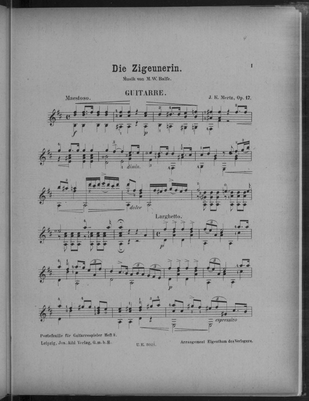 Die Zigeunerin : Musik von M.W. Balfe : Guitarre : op. 17 / J.K. Mertz.