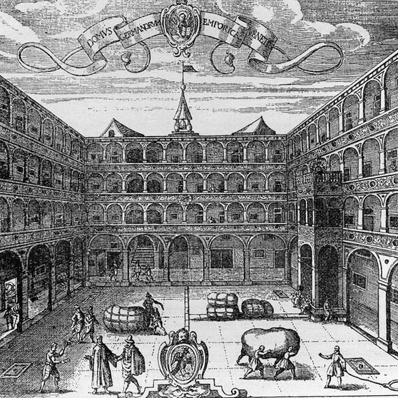 fondaco dei tedeschi_interior courtyard engraving by rafhaele custos 1616.jpg