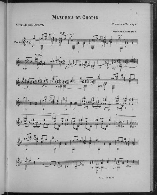 Mazurka / de Chopin ; arreglada para guitarra, Francisco Tárrega.