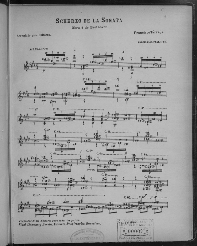 Scherzo de la Sonata obra 2 / de Beethoven ; arreglado para guitarra Francisco Tárrega