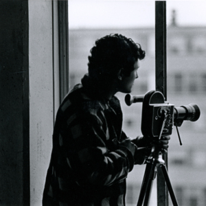 Steve Carver filming from the 11th floor of one of the towers at the Pruitt-Igoe housing project during  production of "More Than One Thing"