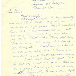 Autograph letter, signed Theodore Roethke to David Wagoner, October 27, 1952
