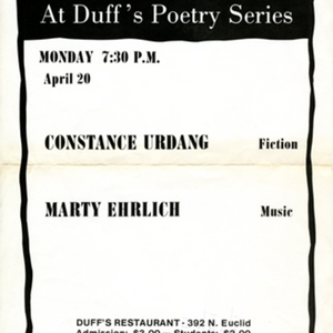 "River Styx at Duff's Poetry Series" featuring readings by Constance Urdang and Marty Ehrlich