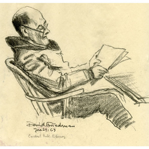 Older Man Wearing Glasses In Chair Reading Magazine