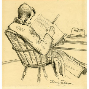 Man Seated At Table Reading Newspaper