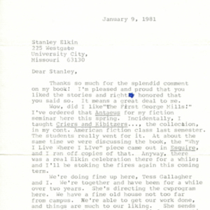 Typed letter, signed from Raymond Carver to Stanley Elkin, January 9, 1981