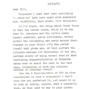 Typed letter, signed from John Hawkes to William Gaddis, December 13, 1993