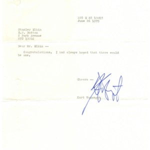Typed letter, signed from Kurt Vonnegut to Stanley Elkin, June 26, 1979