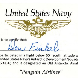 Donald Finkel’s United States Navy “Penguin Airlines” certification card for Operation Deep Freeze December 22, 1969