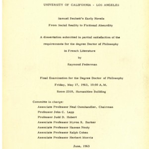 Federman's dissertation, "Samuel Beckett's Early novels: From Social Reality to Fictional Absurdity."