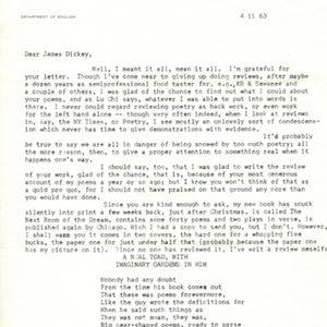 Typed letter, signed from Howard Nemerov to James Dickey, February 4, 1963