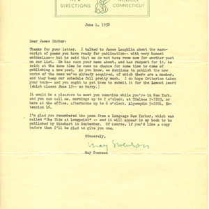 Typescript letter with autograph: May Swenson to James Dickey, 1958: June 4.