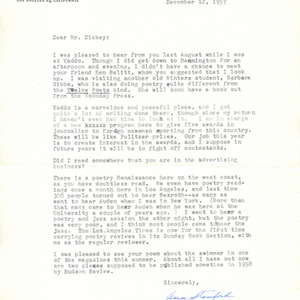 Typescript letter with autograph: Ann Stanford to James Dickey, 1957: December 12