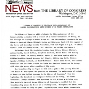 "The Library of Congress to Celebrate 50th Anniversity of Poetry Consultantship With Reunion of 16 Former Consultants"