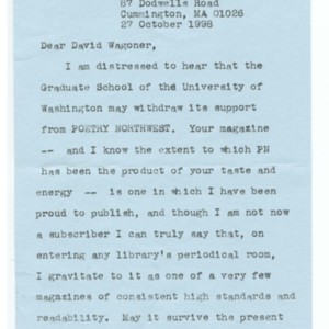 Typed letter, signed from Richard Wilbur to David Wagoner, October 27, 1998