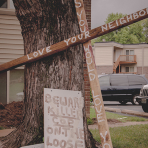Signs at the site of the Michael Brown shooting. Canfield Dr. <br />
