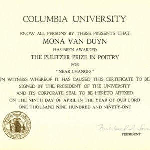 The Pulitzer Prize in Poetry for <em>Near Changes </em>awarded to Mona Van Duyn