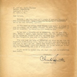 Typed letter, signed from Charles Guenther to Mona Van Duyn and Jarvis Thurston, October 16, 1953