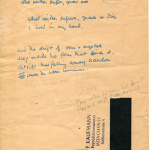 1 Verso) “a poem about stories.” Two pencil sketches. Additional lines in pencil under the title “Quartz.” On envelope imprinted “F. Kaufmann, Munchen 27.”
