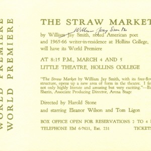 Advertisement for the world permiere of <em>The Straw Market</em> by William Jay Smith at Hollins College, 1966.