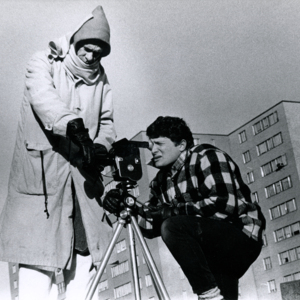 Lawrence Hagan, production assistant, and Steve Carver filming at Pruitt-Igoe during production of "More Than One Thing" 