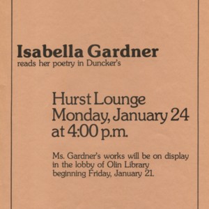 "Isabella Gardner Reads Her Poetry in Duncker's Hurst Lounge" 