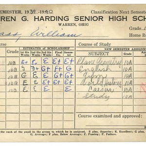 Warren Harding High School grade card, 1939-1940