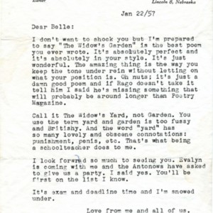 Typed letter, signed from Karl Shapiro to Isabella Gardner, January 22, 1957