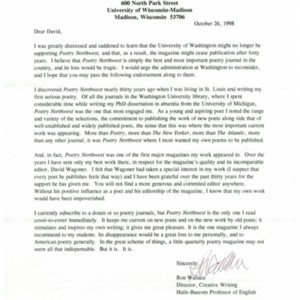 Typed letter, signed from Ron Wallace to David Wagoner, October 26, 1998