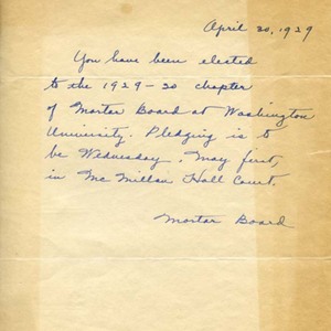 Letter informing Mary of her election to the Mortar Board honor's society.