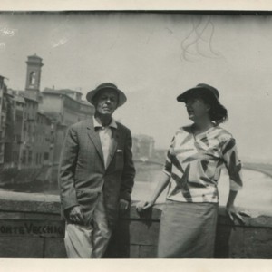 Isabella Gardner and Allen Tate at the Ponte Vecchio over the Arno River in Florence, Italy, 1964