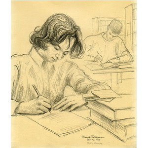 Woman Writing In Notebook Next To Stack Of Books