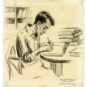 Man Writing At Table With Stack Of Books 