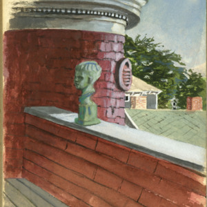 Painting of a bust of James Merrill as a child on the rooftop terrace of Athinaion Efivon 44 by David Jackson<br />
