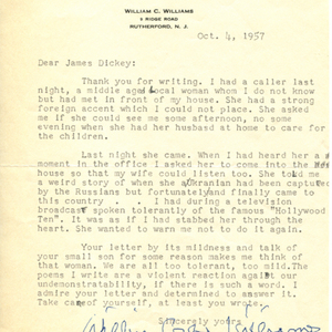 Typescript letter with autograph: William Carlos Williams to James Dickey, 1957: October 4