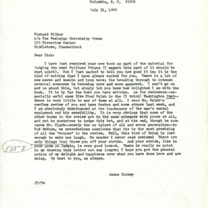 Typed letter [photocopy] from James Dickey to Richard Wilbur, July 31, 1969